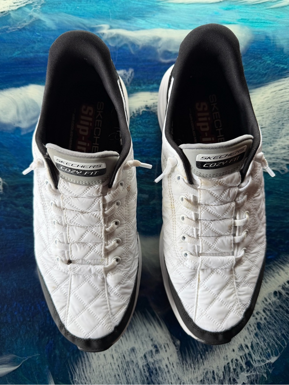 Skechers Men’s White Quilted Cozy Fit Slip-On Lace Sneakers with Black Trim 10.5
